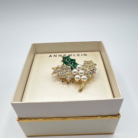 Anne Klein Pavé & Imitation Pearl Holly Branch Pin in Gold-Tone MSRP $28 NWT - Picture 2 of 5